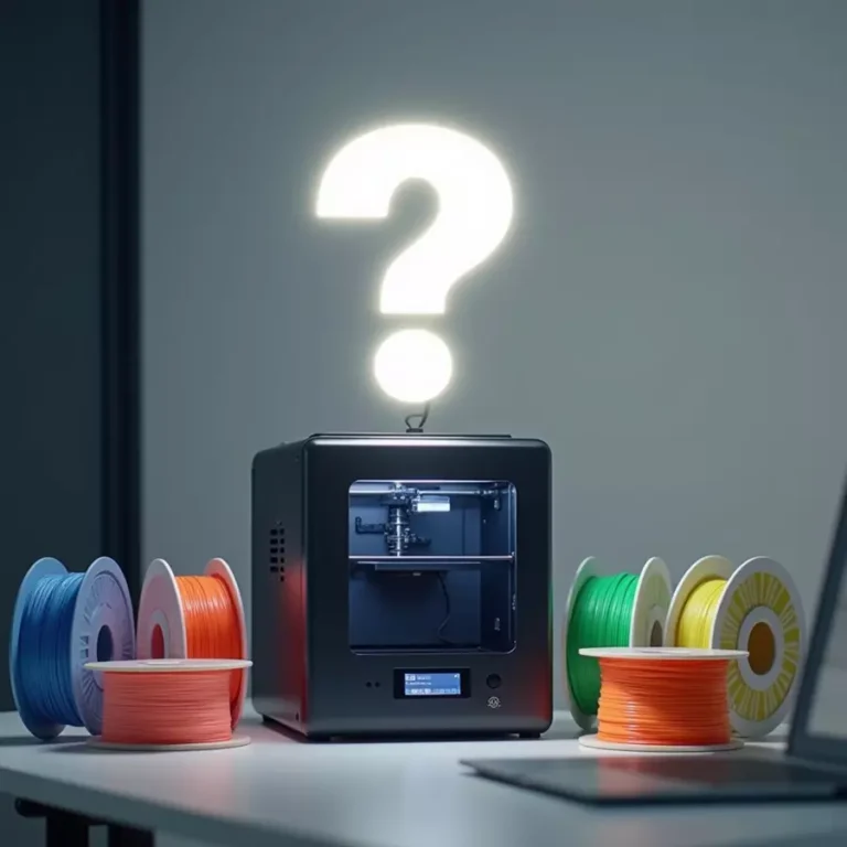Drukarka 3D otoczona szpulami filamentów PLA, PET-G, ABS i ASA, z dużym znakiem zapytania nad nią, symbolizującym wybór materiału do druku