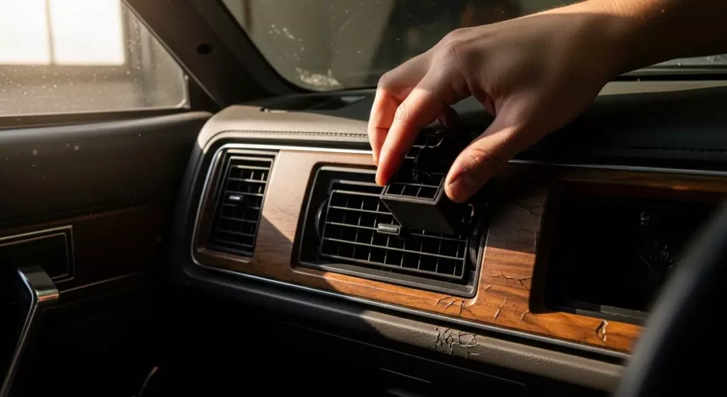 Montaż nowej kratki nawiewu z materiału ASA wydrukowanej na drukarce 3D, idealnie pasującej do deski rozdzielczej.