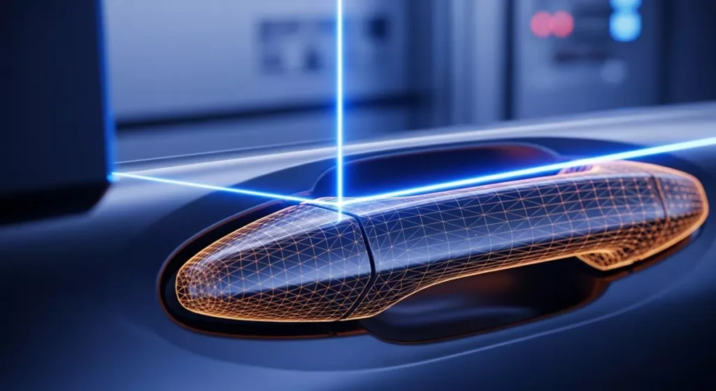 Wizualizacja siatki geometrycznej podczas skanowania uszkodzonego elementu auta.