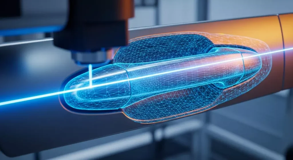 Laserowe skanowanie 3D klamki samochodowej w procesie inżynierii odwrotnej w celu odtworzenia geometrii.