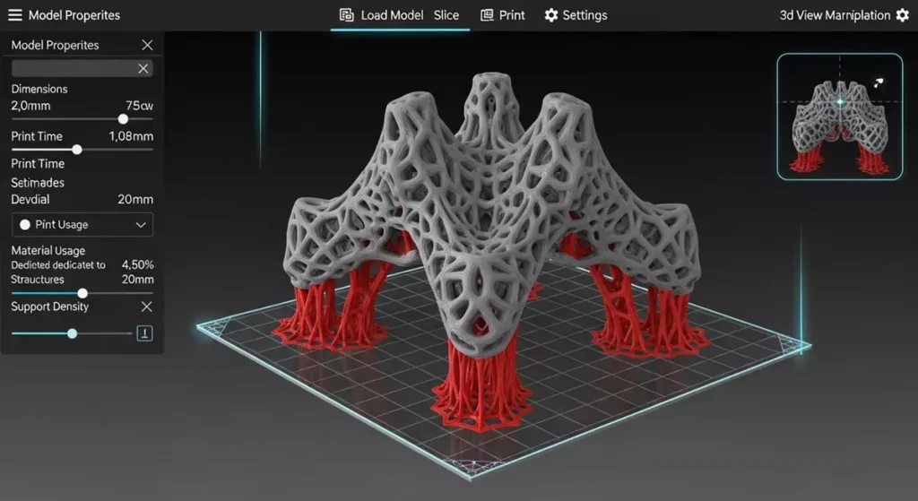 Wizualizacja w programie typu Slicer pokazująca podpory (supporty), które zwiększają koszt wydruku.