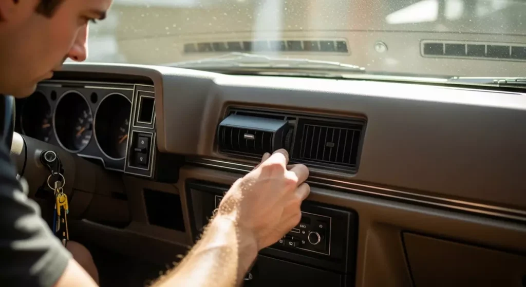 Wnętrze klasycznego samochodu z uszkodzonymi elementami nawiewu przed renowacją.