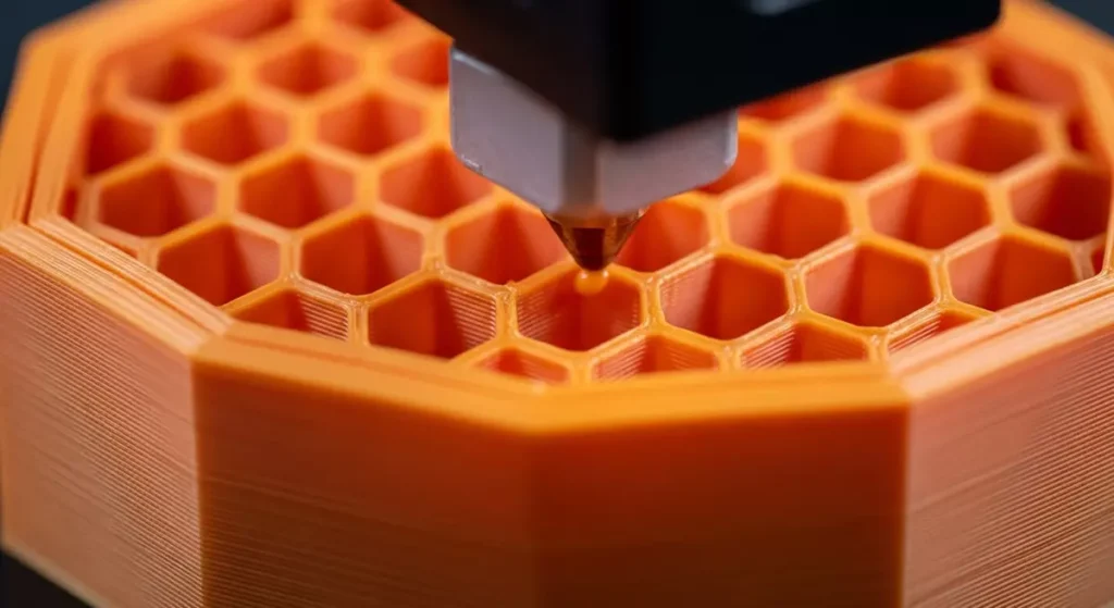 Struktura wypełnienia typu plaster miodu w trakcie druku 3D, pozwalająca oszczędzić materiał.