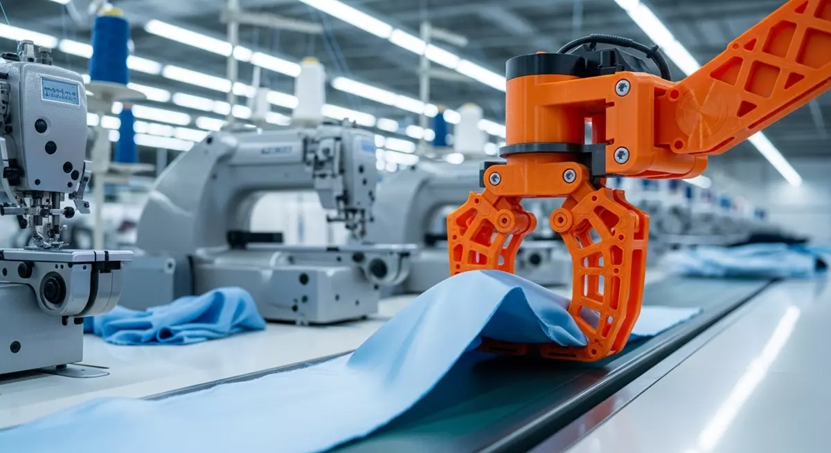 Wydrukowany w 3D chwytak robota na linii produkcyjnej w fabryce włókienniczej