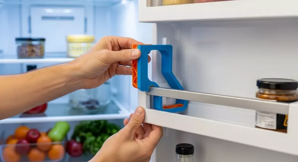 Montaż dorobionego na drukarce 3D uchwytu półki w lodówce