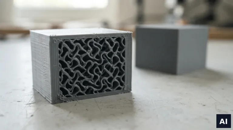 Przecięta na pół wydrukowana część 3D z widocznym wypełnieniem i ściankami zewnętrznymi