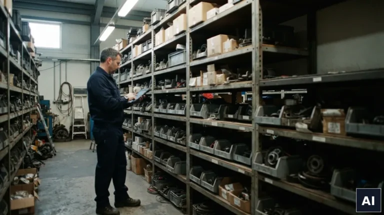 Regał z częściami zamiennymi w hali produkcyjnej - alternatywą jest druk 3D na żądanie